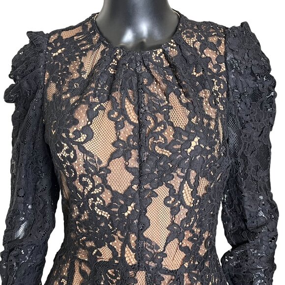 Michael Kors Lace Dress Black Puff Sleeve Nude Lining Floral Overlay Party SZ 4 - Picture 6 of 14